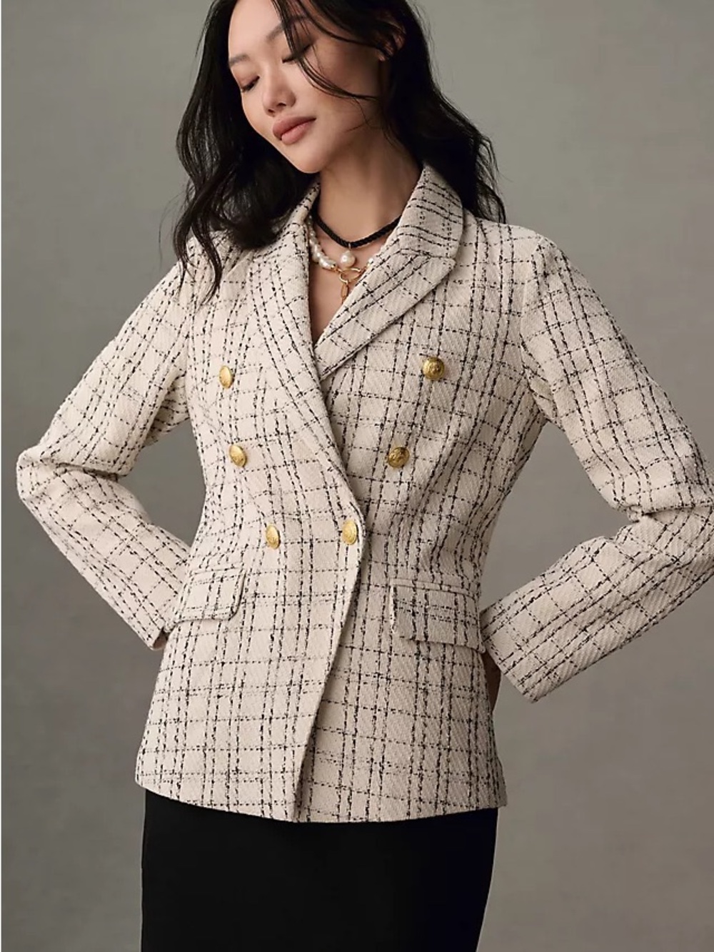Anthopologie Bishop + Young Blazer Jacket Black Ivory Gold Plaid Double Breasted